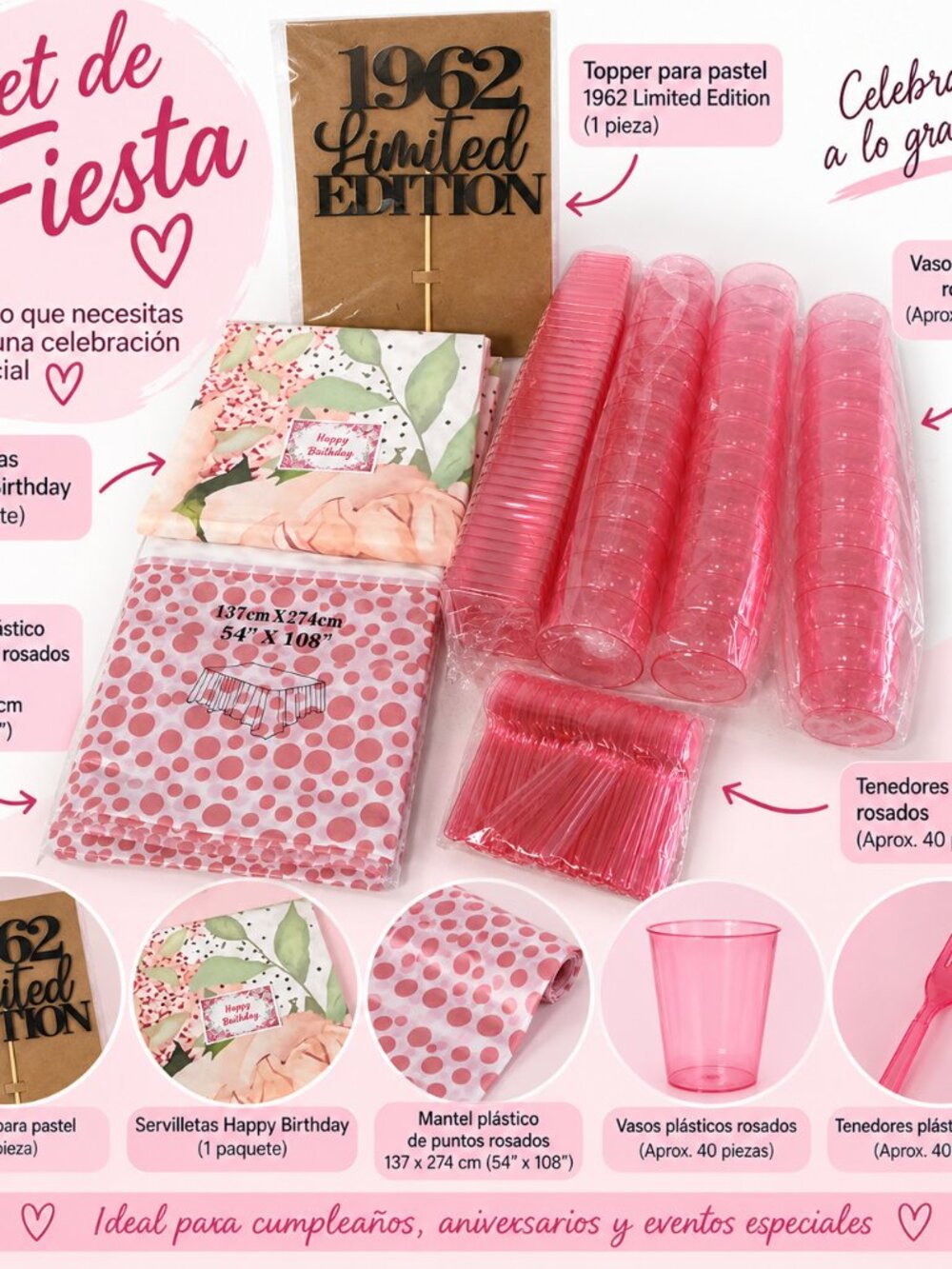 Set de fiesta en tonos rosados – ideal para cumpleaños y celebraciones 💕🎉